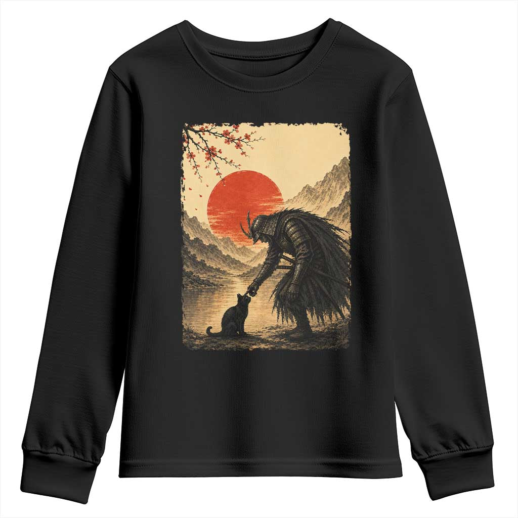 Vintage Japanese Art Samurai Warrior Black Cat Youth Sweatshirt Ukiyoe Style Boop Meme TS12 Black Print Your Wear