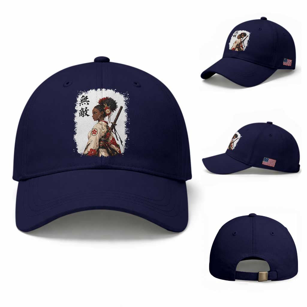 Afro African Pride Samurai Black Girl Baseball Cap Vintage Japanese Sumie Katana Graphic TS12 Baseball Cap Universal Fit Dark Blue Print Your Wear