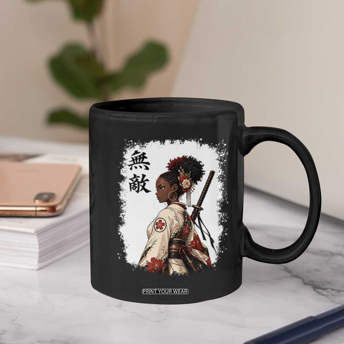 Afro African Pride Samurai Black Girl Coffee Mug Vintage Japanese Sumie Katana Graphic