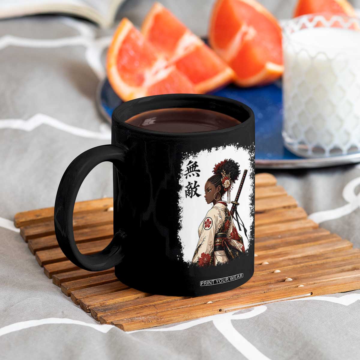 Afro African Pride Samurai Black Girl Coffee Mug Vintage Japanese Sumie Katana Graphic