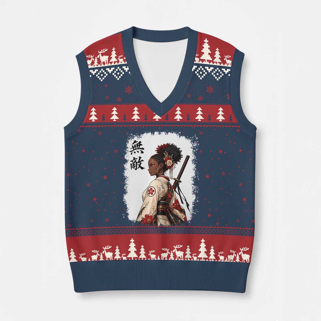 Afro African Pride Samurai Black Girl V-Neck Knit Sweater Vest Vintage Japanese Sumie Katana Graphic