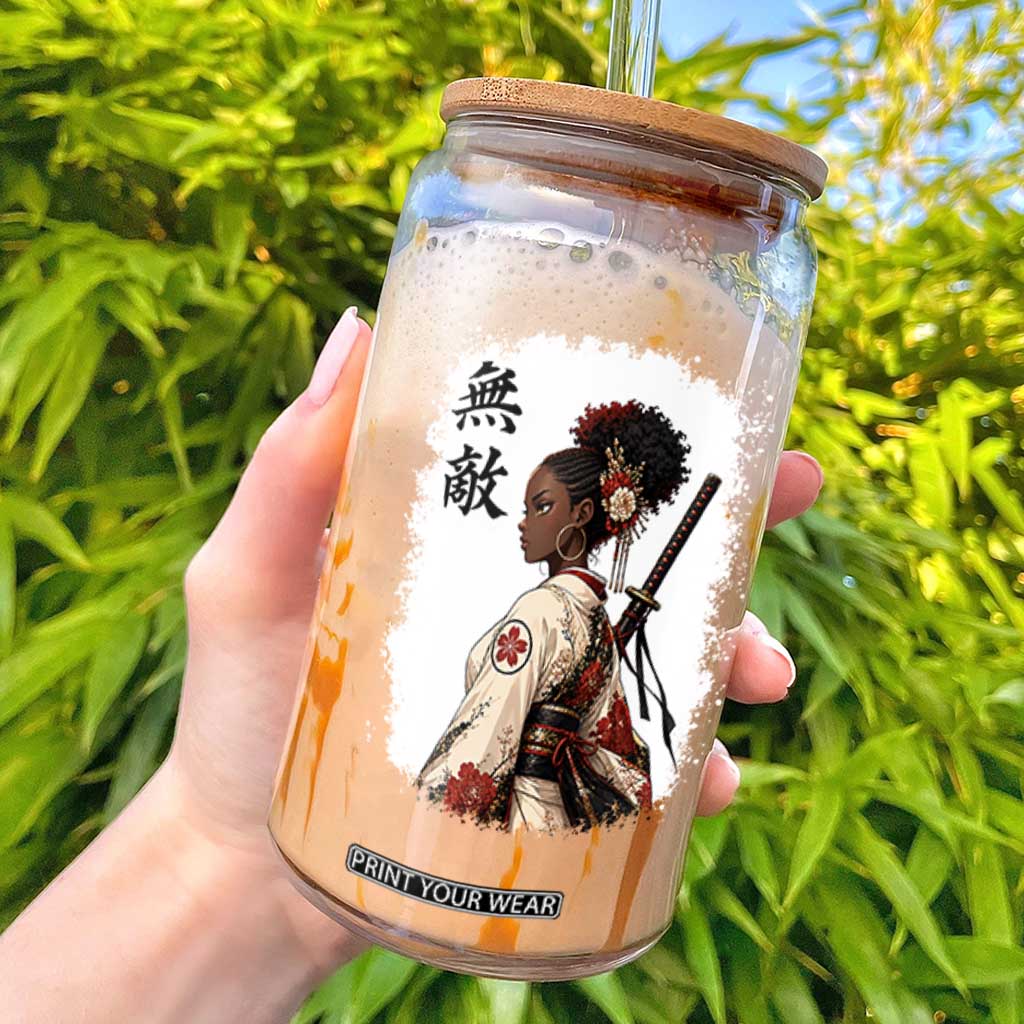 Afro African Pride Samurai Black Girl Glass Can Vintage Japanese Sumie Katana Graphic