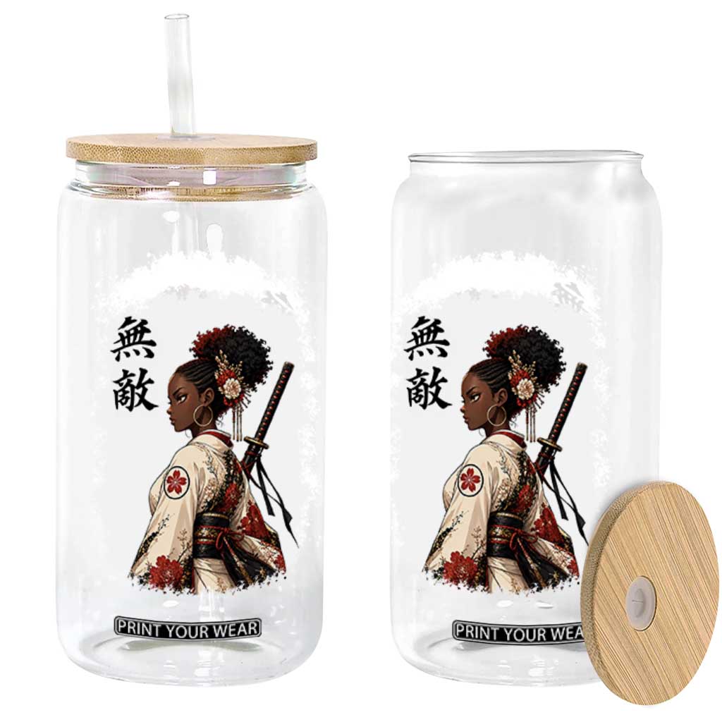 Afro African Pride Samurai Black Girl Glass Can Vintage Japanese Sumie Katana Graphic