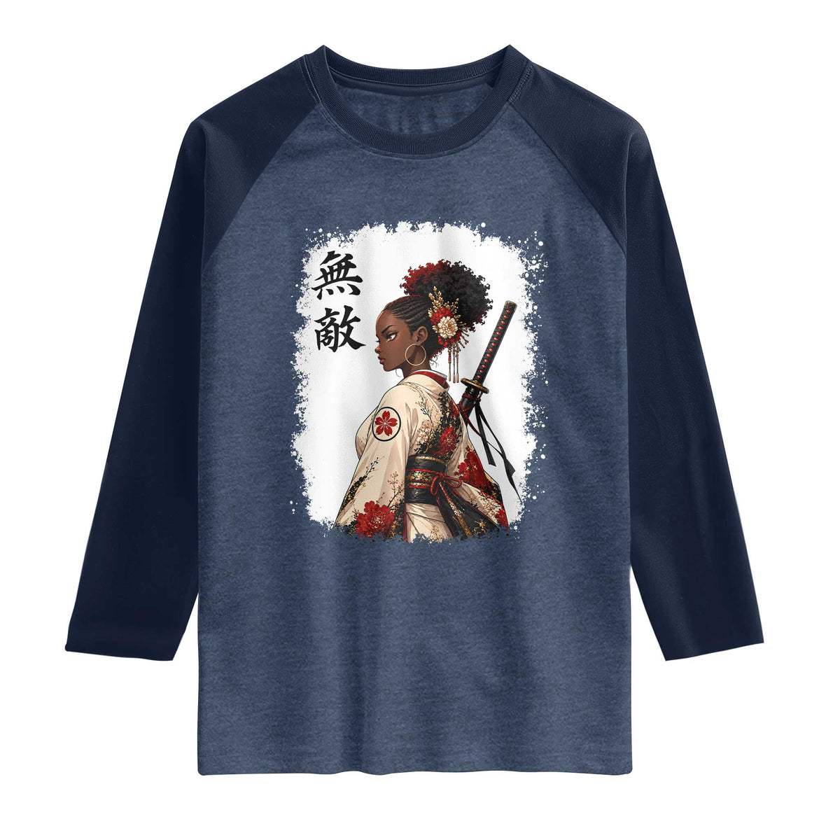 Afro African Pride Samurai Black Girl Raglan Shirt Vintage Japanese Sumie Katana Graphic