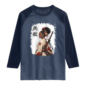 Afro African Pride Samurai Black Girl Raglan Shirt Vintage Japanese Sumie Katana Graphic