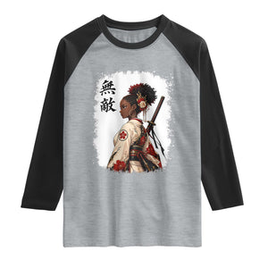 Afro African Pride Samurai Black Girl Raglan Shirt Vintage Japanese Sumie Katana Graphic
