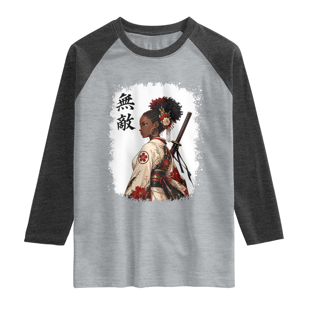 Afro African Pride Samurai Black Girl Raglan Shirt Vintage Japanese Sumie Katana Graphic