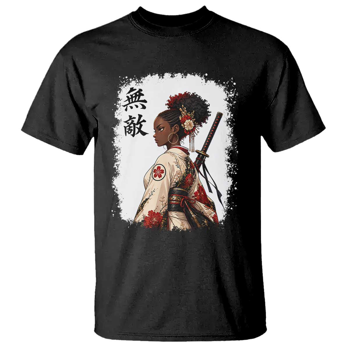 Afro African Pride Samurai Black Girl T Shirt Vintage Japanese Sumie Katana Graphic