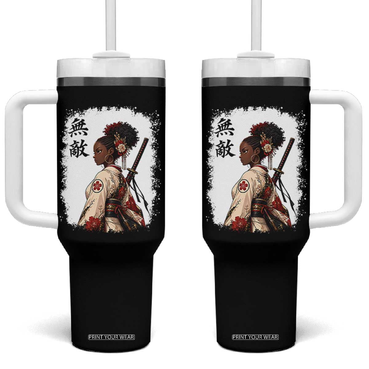 Afro African Pride Samurai Black Girl Tumbler With Handle Vintage Japanese Sumie Katana Graphic