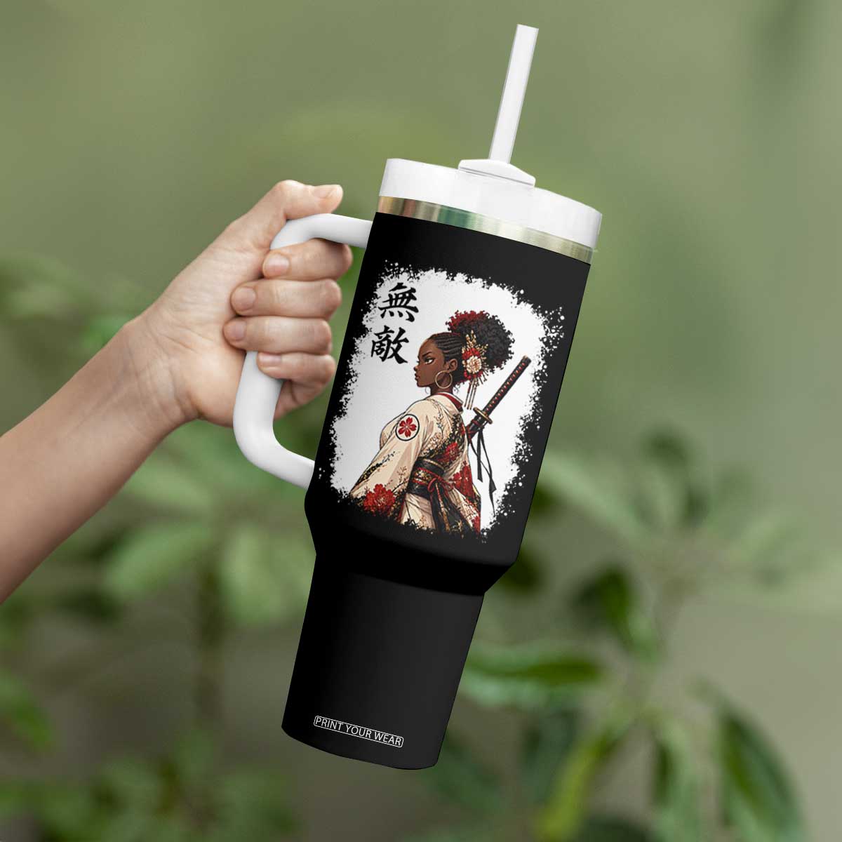 Afro African Pride Samurai Black Girl Tumbler With Handle Vintage Japanese Sumie Katana Graphic