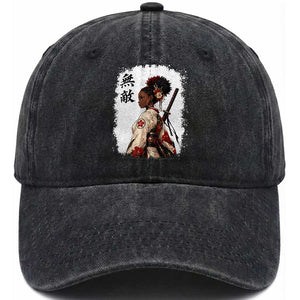 Afro African Pride Samurai Black Girl Washed Cotton Baseball Cap Vintage Japanese Sumie Katana Graphic TS12 Print Your Wear