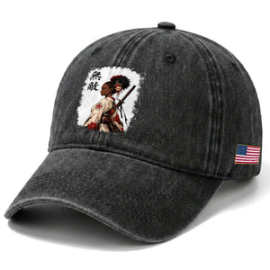 Afro African Pride Samurai Black Girl Washed Cotton Baseball Cap Vintage Japanese Sumie Katana Graphic TS12 Print Your Wear