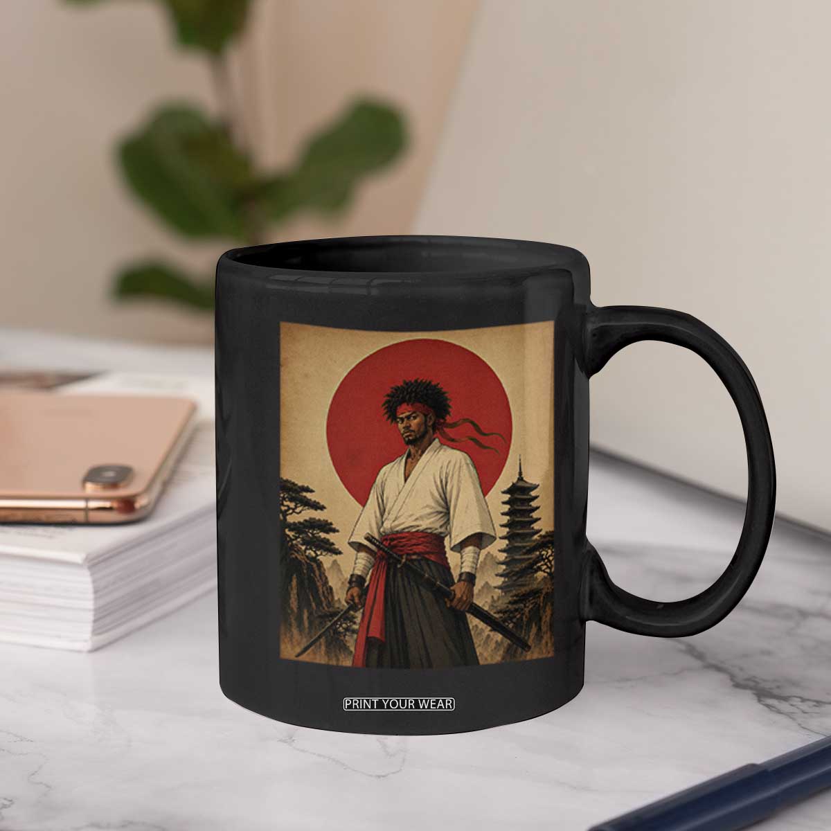 Afro American Samurai Bushido Warrior Coffee Mug Vintage Japanese Ukiyoe Graphic