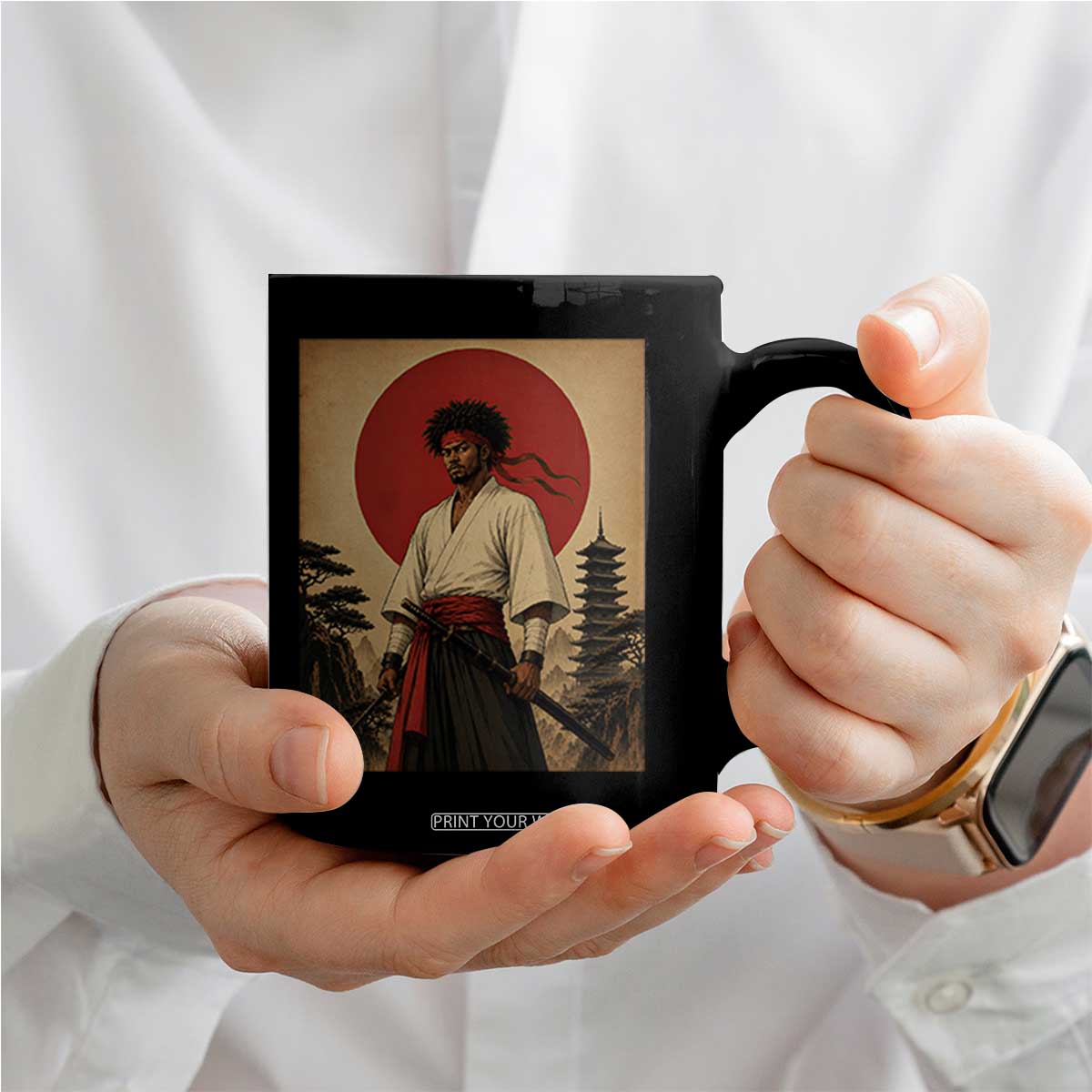 Afro American Samurai Bushido Warrior Coffee Mug Vintage Japanese Ukiyoe Graphic