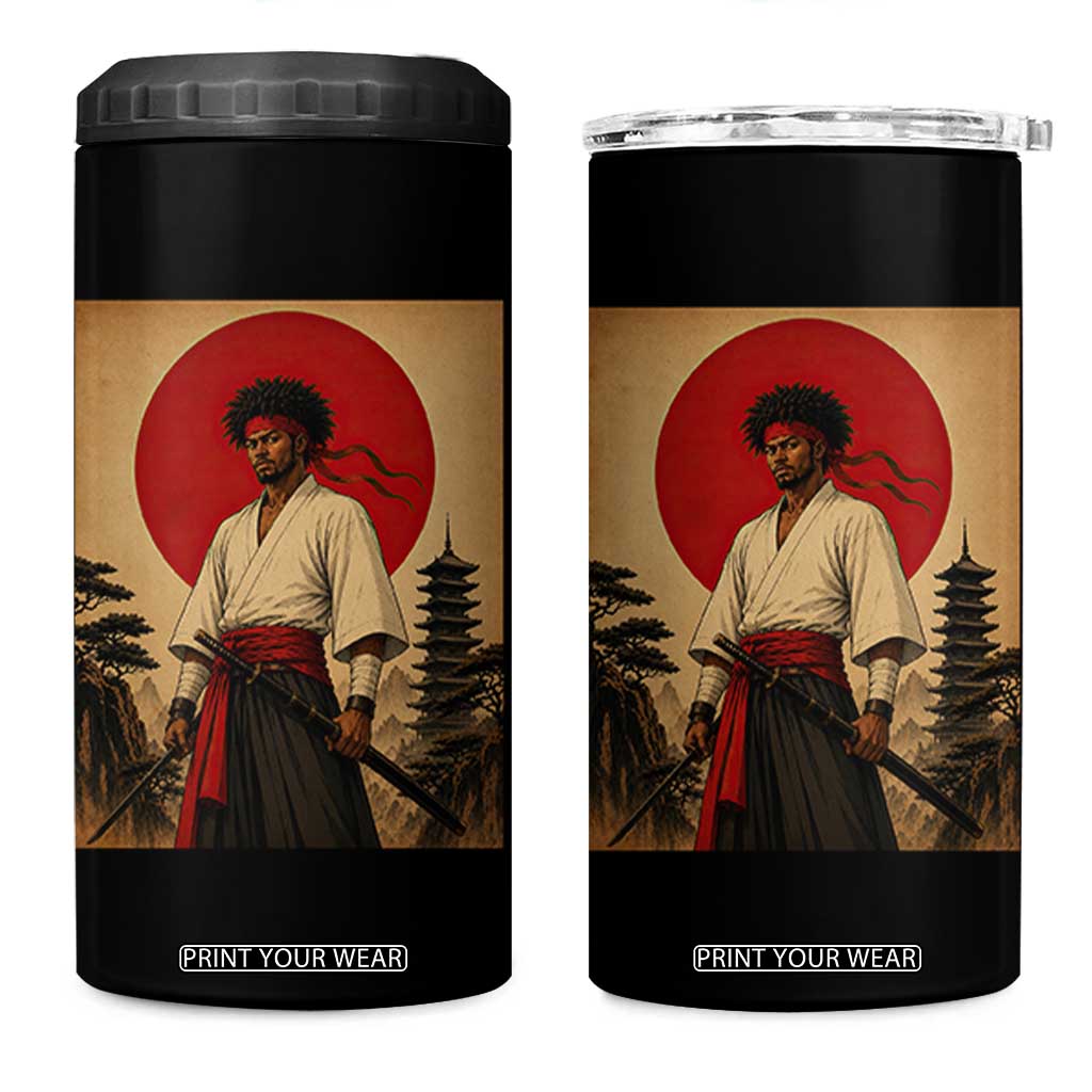 Afro American Samurai Bushido Warrior 4 in 1 Can Cooler Tumbler Vintage Japanese Ukiyoe Graphic