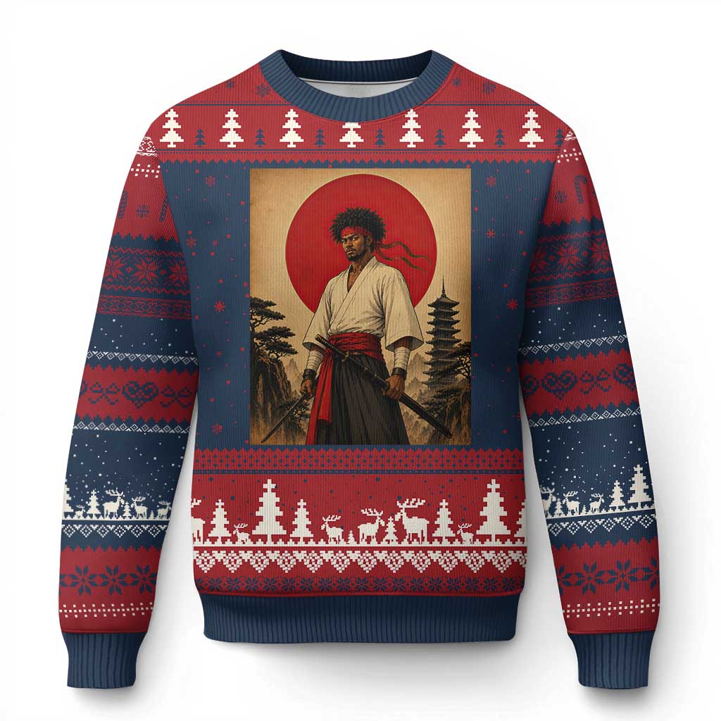 Afro American Samurai Bushido Warrior Ugly Christmas Sweater Vintage Japanese Ukiyoe Graphic TS12 Navy Red Print Your Wear