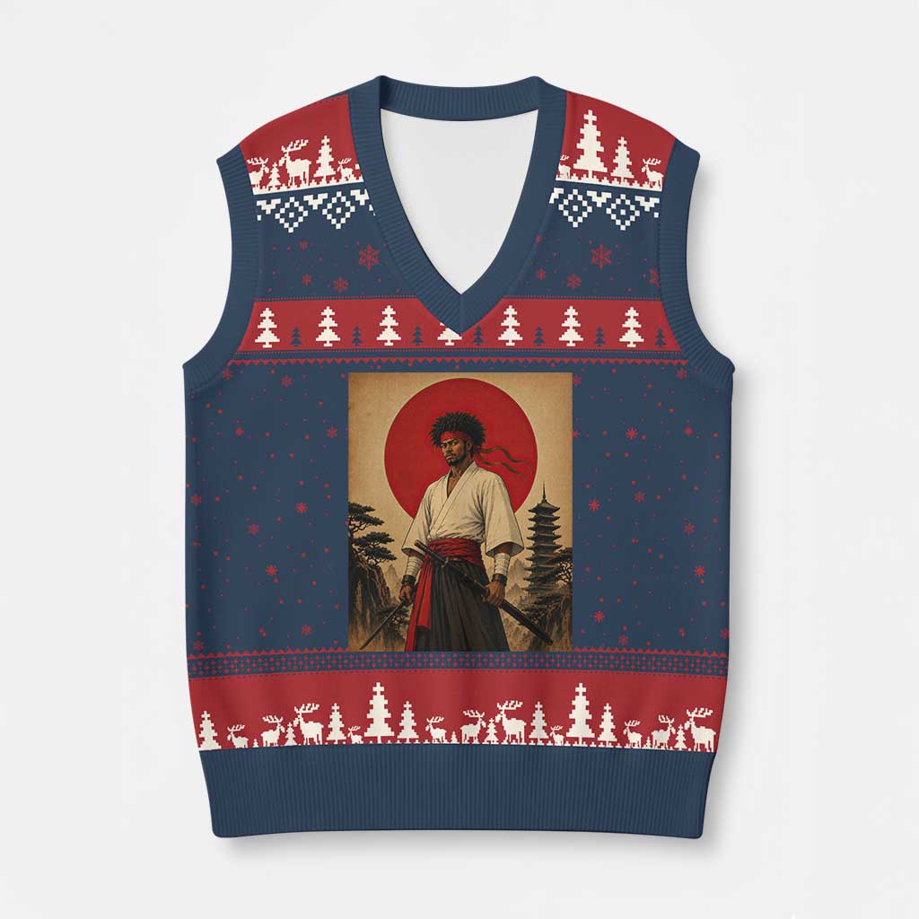 Afro American Samurai Bushido Warrior V-Neck Knit Sweater Vest Vintage Japanese Ukiyoe Graphic