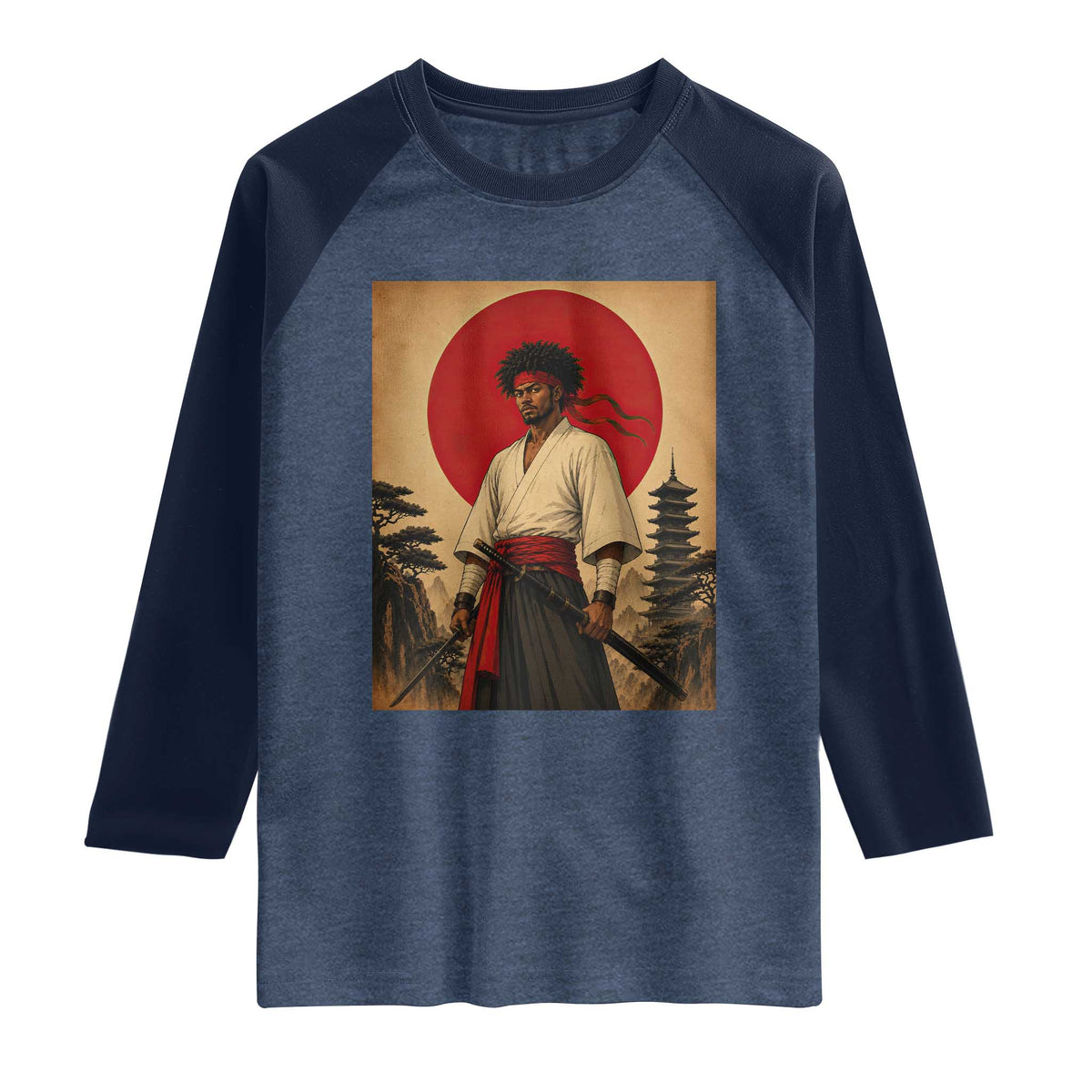 Afro American Samurai Bushido Warrior Raglan Shirt Vintage Japanese Ukiyoe Graphic