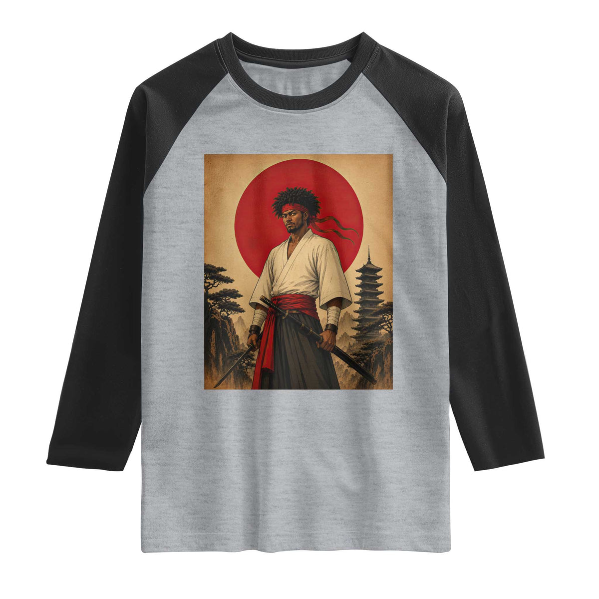 Afro American Samurai Bushido Warrior Raglan Shirt Vintage Japanese Ukiyoe Graphic