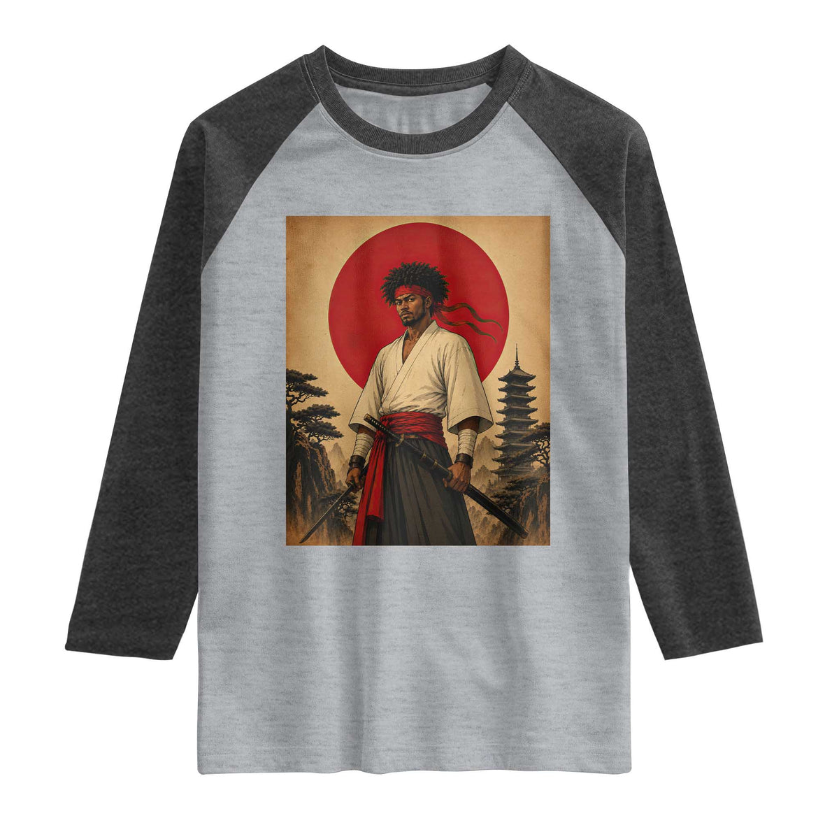 Afro American Samurai Bushido Warrior Raglan Shirt Vintage Japanese Ukiyoe Graphic