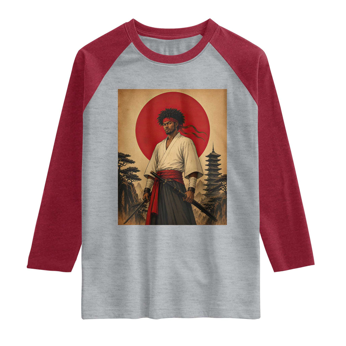 Afro American Samurai Bushido Warrior Raglan Shirt Vintage Japanese Ukiyoe Graphic