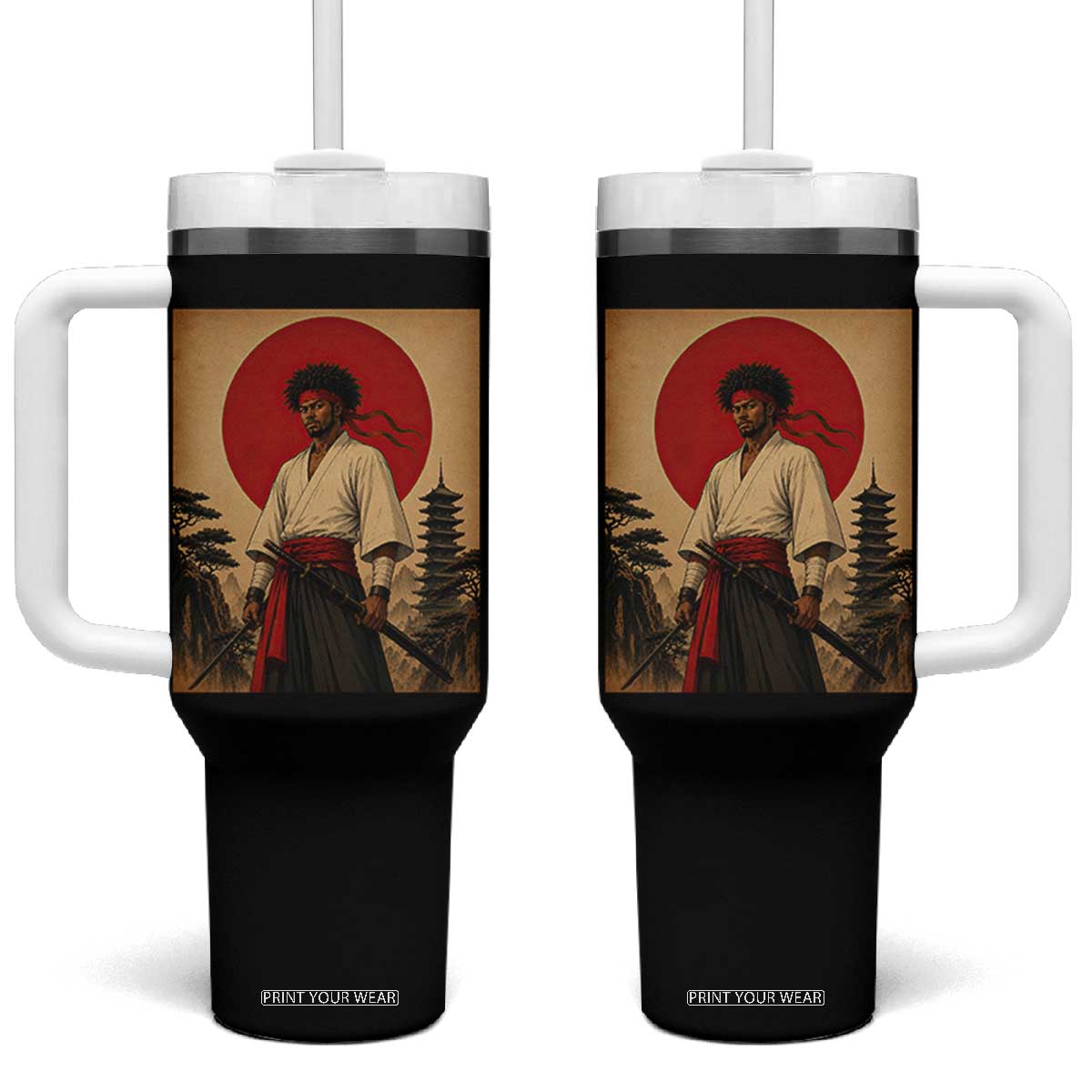 Afro American Samurai Bushido Warrior Tumbler With Handle Vintage Japanese Ukiyoe Graphic TS12 One Size: 40 oz Black Print Your Wear