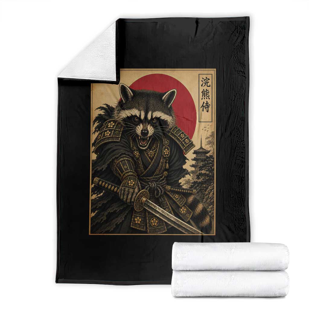 Funny Samurai Raccoon Throw Blanket Vintage Japanese Ukiyoe Warrior Graphic TS12 Black Print Your Wear
