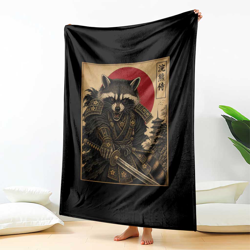 Funny Samurai Raccoon Throw Blanket Vintage Japanese Ukiyoe Warrior Graphic