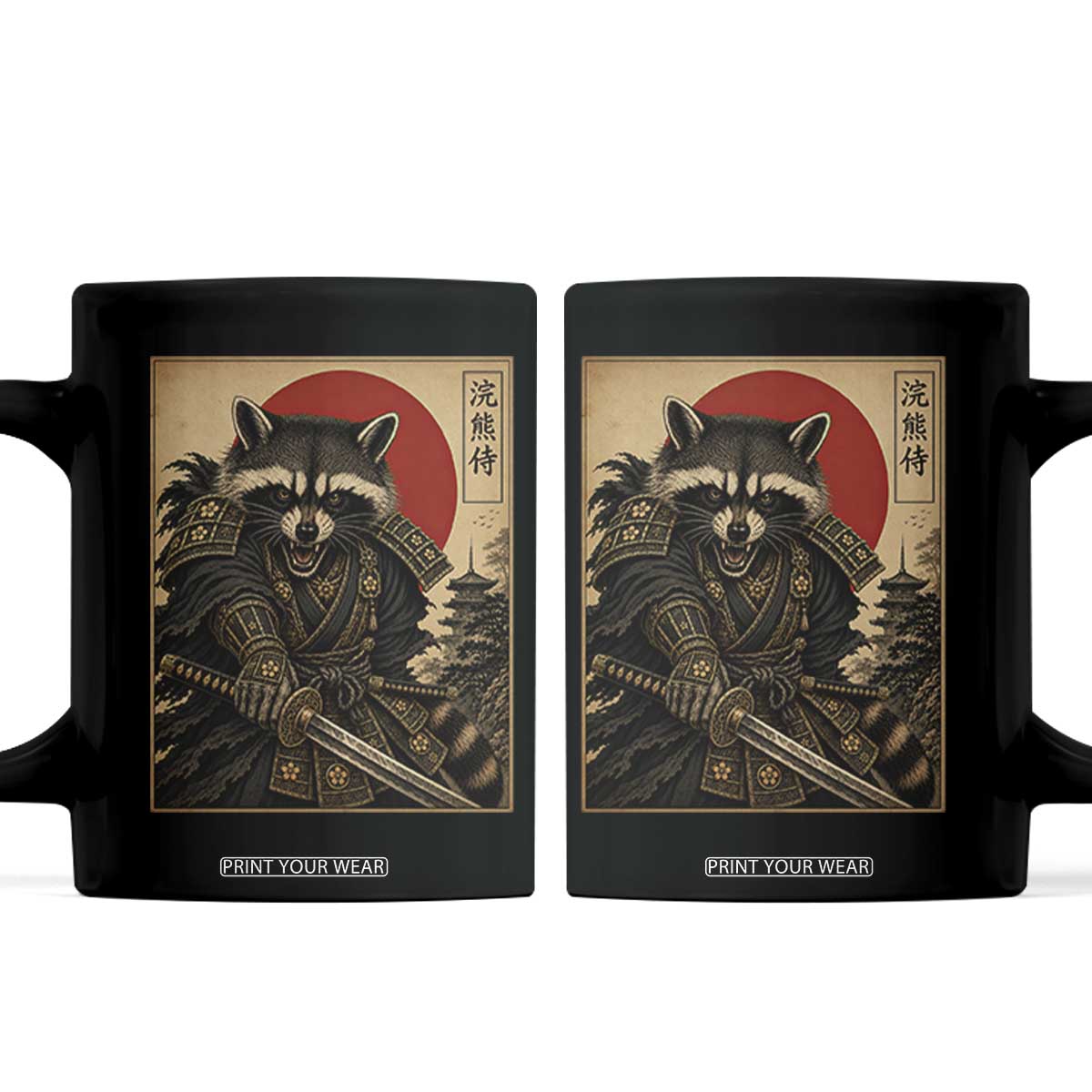 Funny Samurai Raccoon Coffee Mug Vintage Japanese Ukiyoe Warrior Graphic