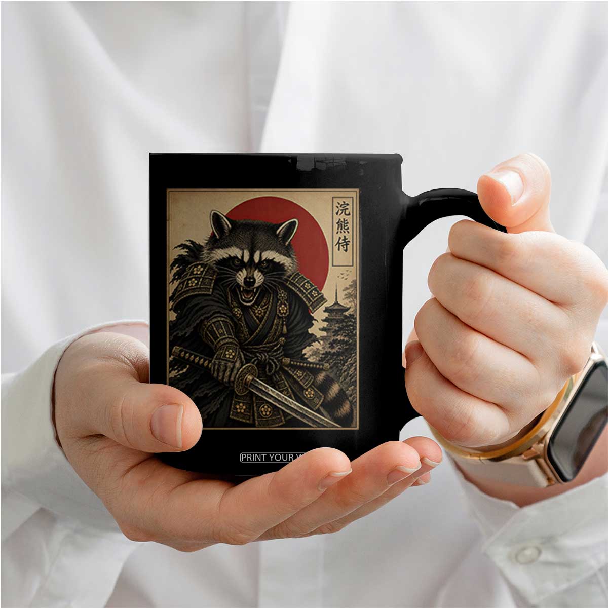Funny Samurai Raccoon Coffee Mug Vintage Japanese Ukiyoe Warrior Graphic