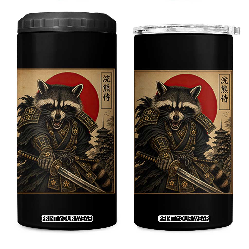 Funny Samurai Raccoon 4 in 1 Can Cooler Tumbler Vintage Japanese Ukiyoe Warrior Graphic