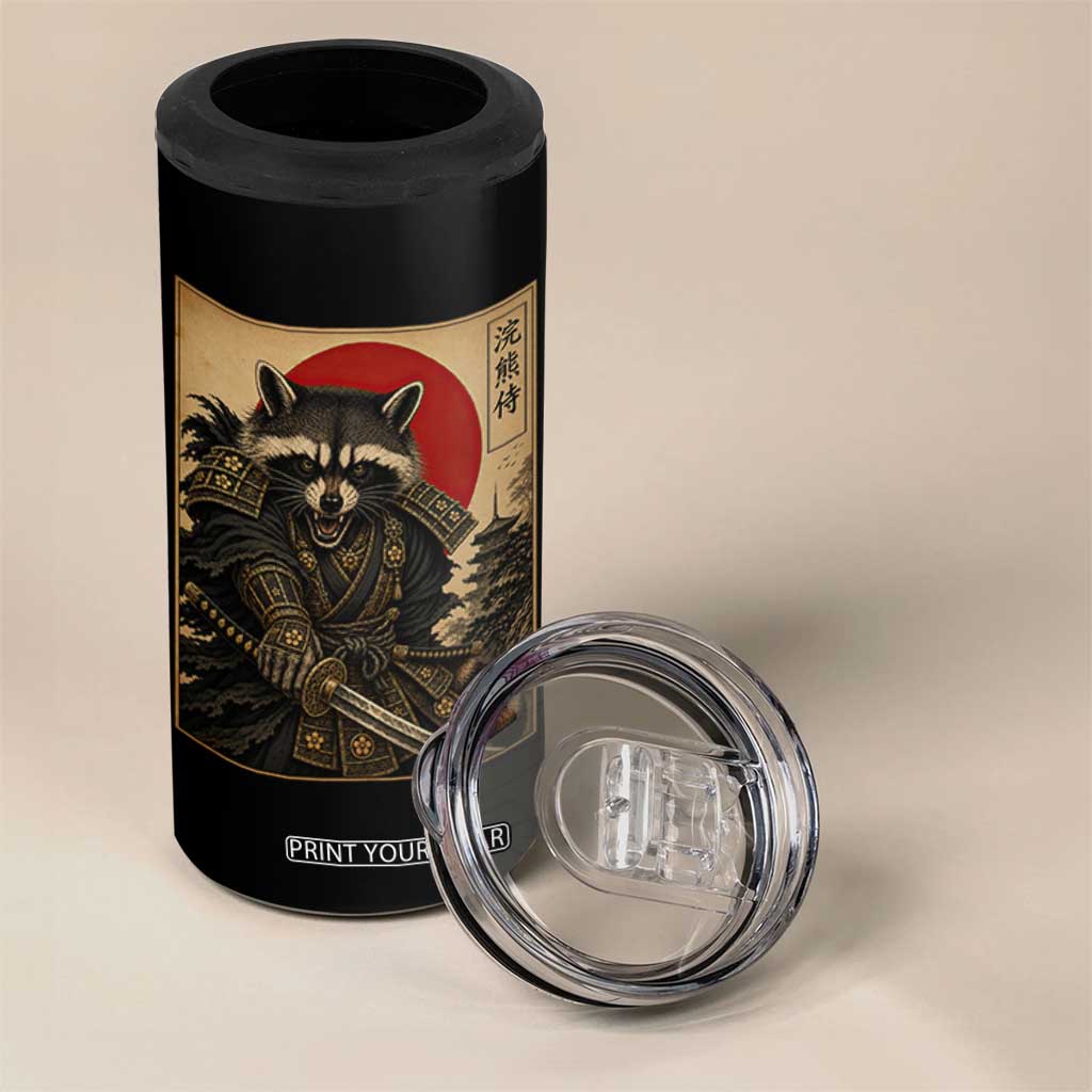 Funny Samurai Raccoon 4 in 1 Can Cooler Tumbler Vintage Japanese Ukiyoe Warrior Graphic