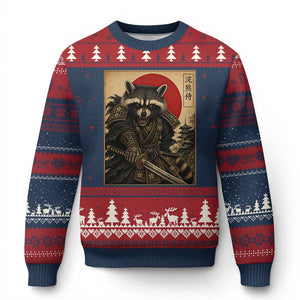 Funny Samurai Raccoon Ugly Christmas Sweater Vintage Japanese Ukiyoe Warrior Graphic
