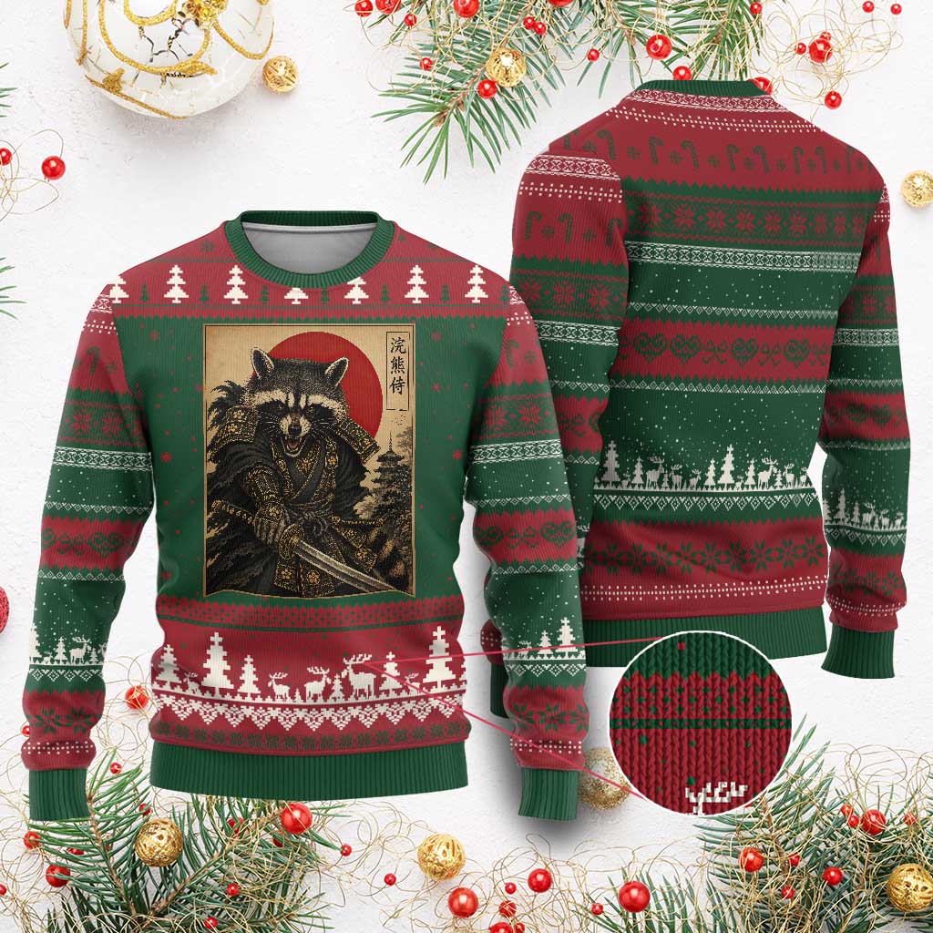Funny Samurai Raccoon Ugly Christmas Sweater Vintage Japanese Ukiyoe Warrior Graphic