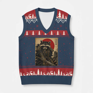 Funny Samurai Raccoon V-Neck Knit Sweater Vest Vintage Japanese Ukiyoe Warrior Graphic