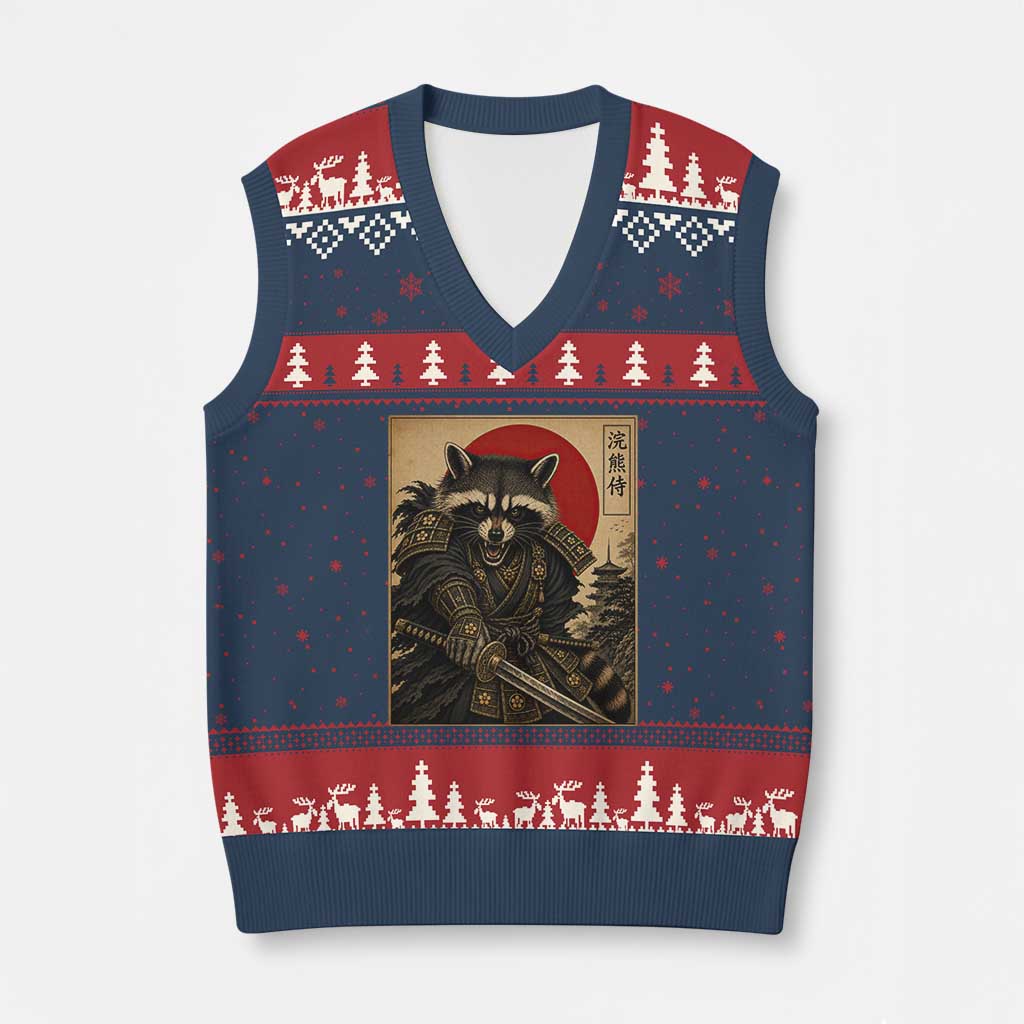 Funny Samurai Raccoon V-Neck Knit Sweater Vest Vintage Japanese Ukiyoe Warrior Graphic TS12 Navy Red Print Your Wear