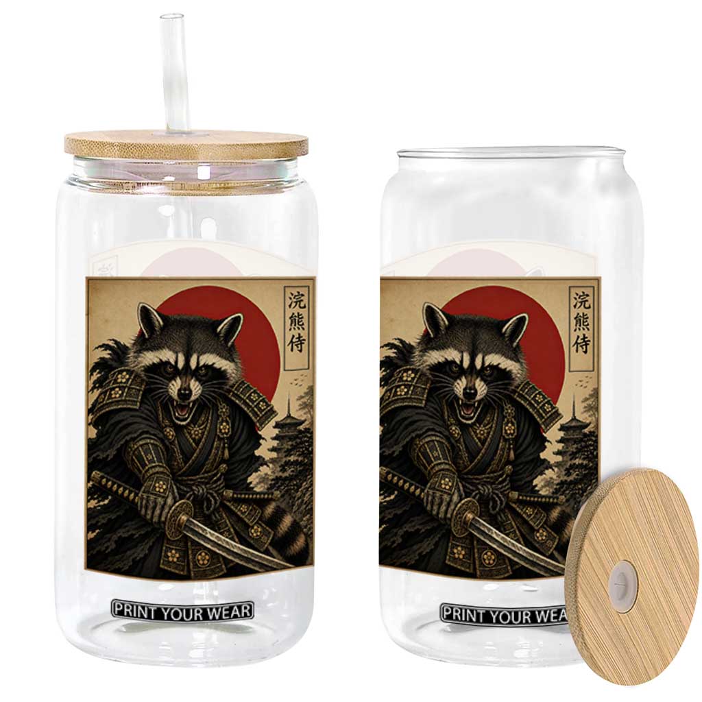 Funny Samurai Raccoon Glass Can Vintage Japanese Ukiyoe Warrior Graphic