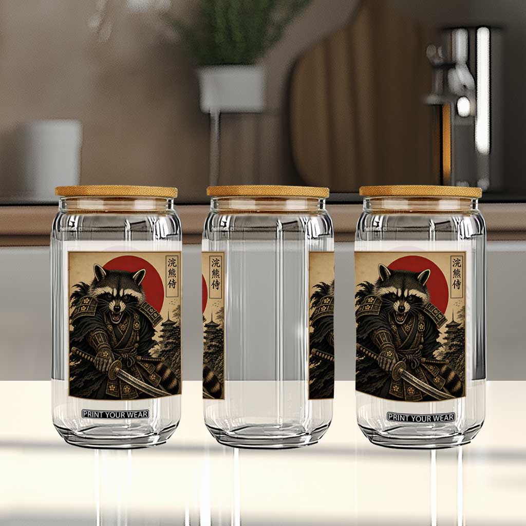 Funny Samurai Raccoon Glass Can Vintage Japanese Ukiyoe Warrior Graphic