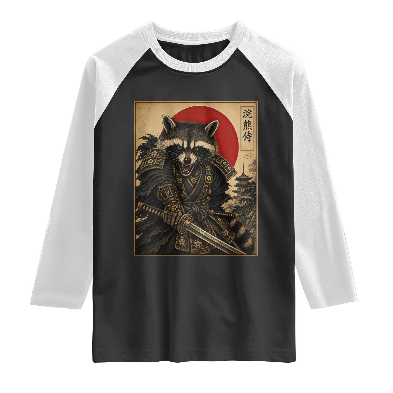 Funny Samurai Raccoon Raglan Shirt Vintage Japanese Ukiyoe Warrior Graphic TS12 Black White Print Your Wear