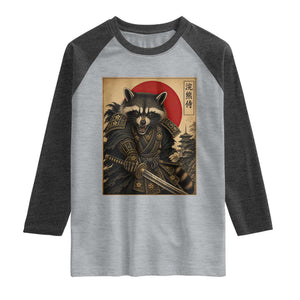 Funny Samurai Raccoon Raglan Shirt Vintage Japanese Ukiyoe Warrior Graphic