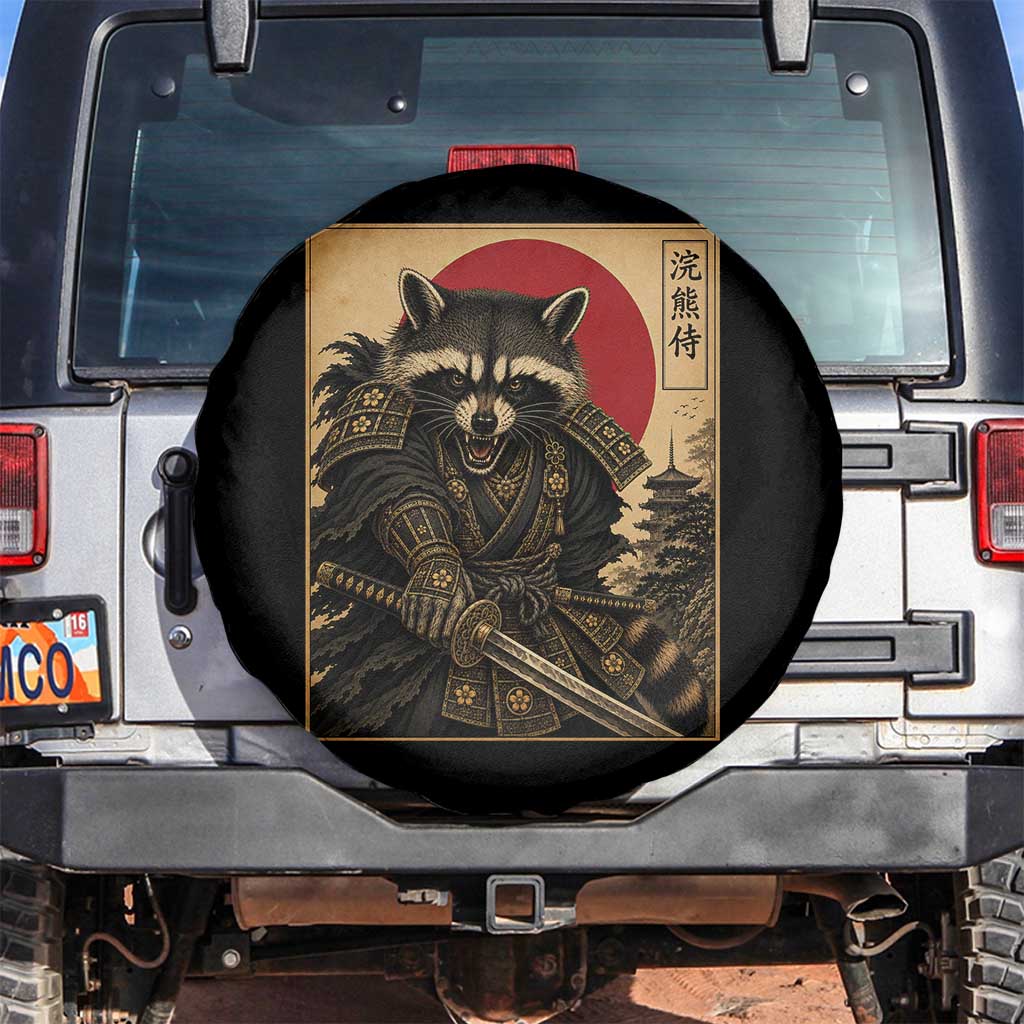 Funny Samurai Raccoon Spare Tire Cover Vintage Japanese Ukiyoe Warrior Graphic TS12 No hole Black Print Your Wear