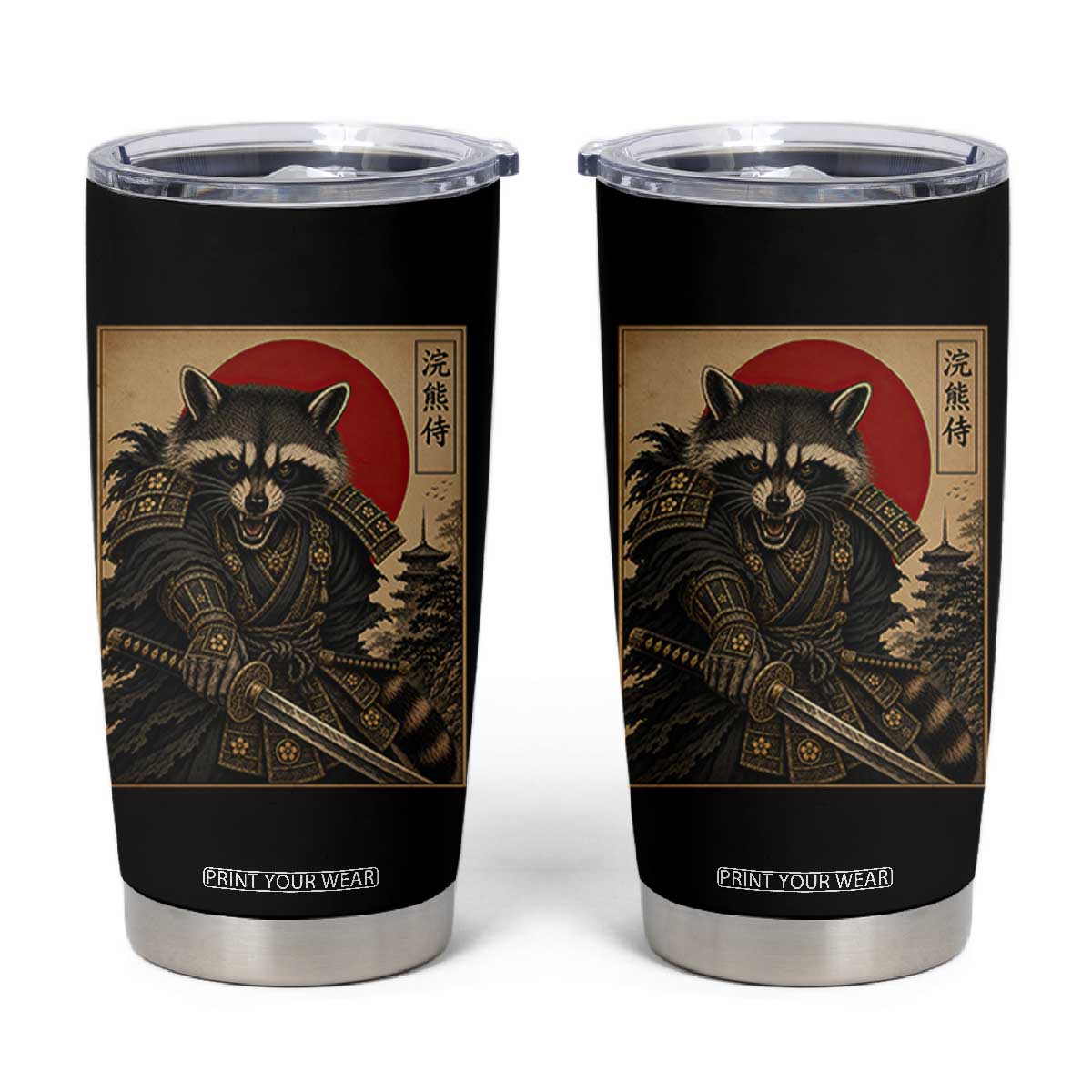 Funny Samurai Raccoon Tumbler Cup Vintage Japanese Ukiyoe Warrior Graphic TS12 Black Print Your Wear