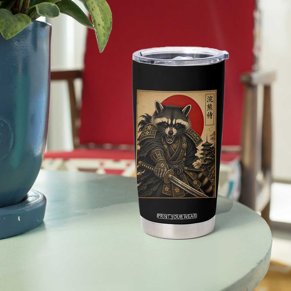 Funny Samurai Raccoon Tumbler Cup Vintage Japanese Ukiyoe Warrior Graphic