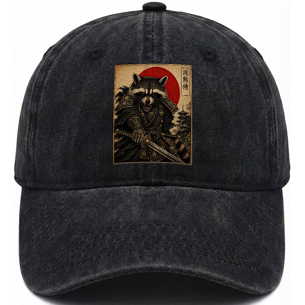 Funny Samurai Raccoon Washed Cotton Baseball Cap Vintage Japanese Ukiyoe Warrior Graphic TS12 Print Your Wear