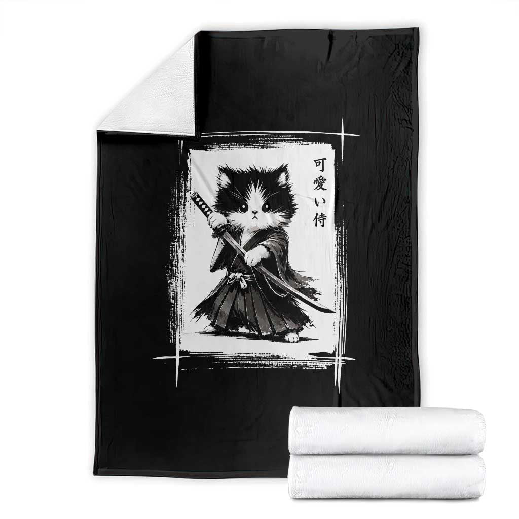 Vintage Japanese Art Samurai Cat Throw Blanket Sumie Kawaii Cat Lover Gift