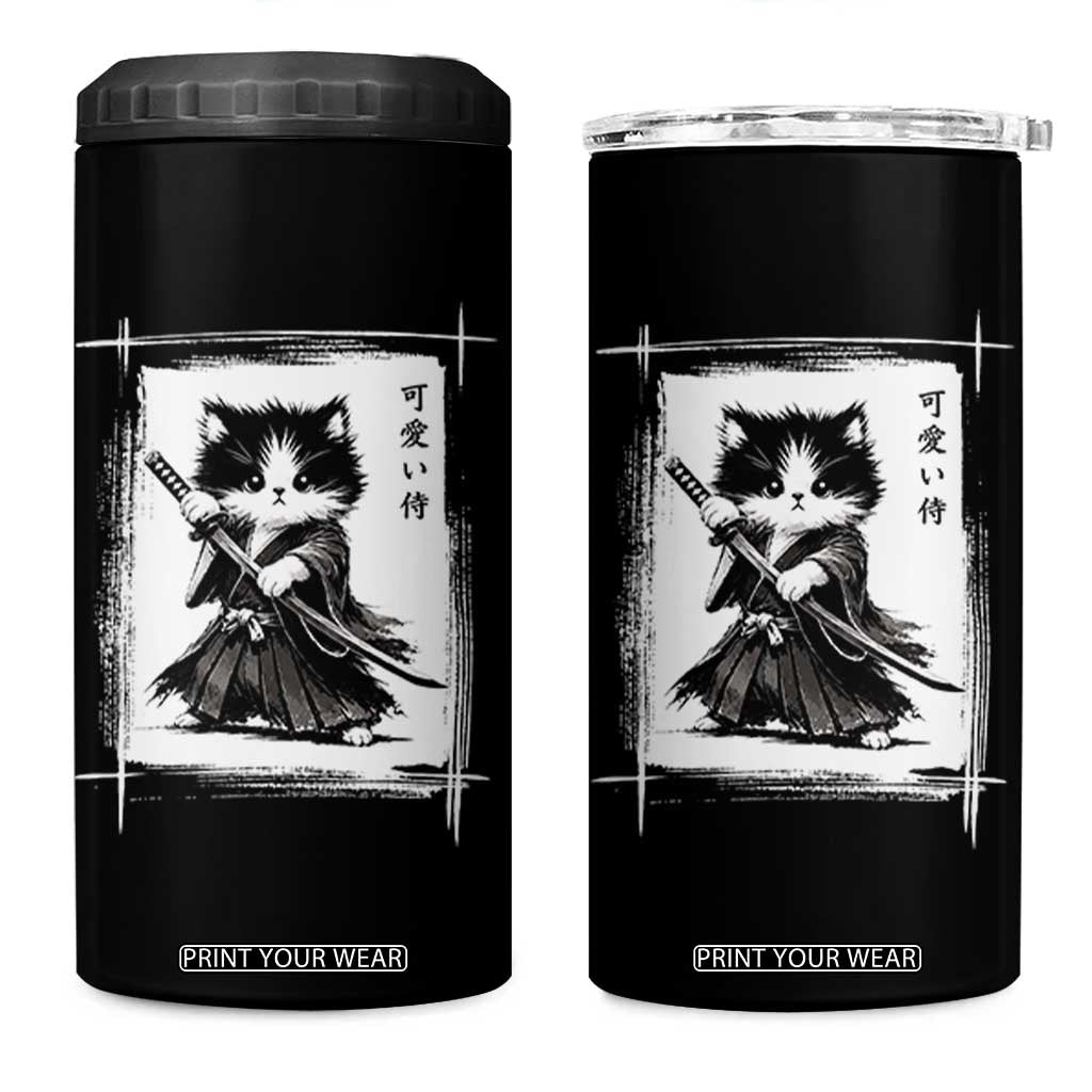 Vintage Japanese Art Samurai Cat 4 in 1 Can Cooler Tumbler Sumie Kawaii Cat Lover Gift