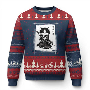 Vintage Japanese Art Samurai Cat Ugly Christmas Sweater Sumie Kawaii Cat Lover Gift