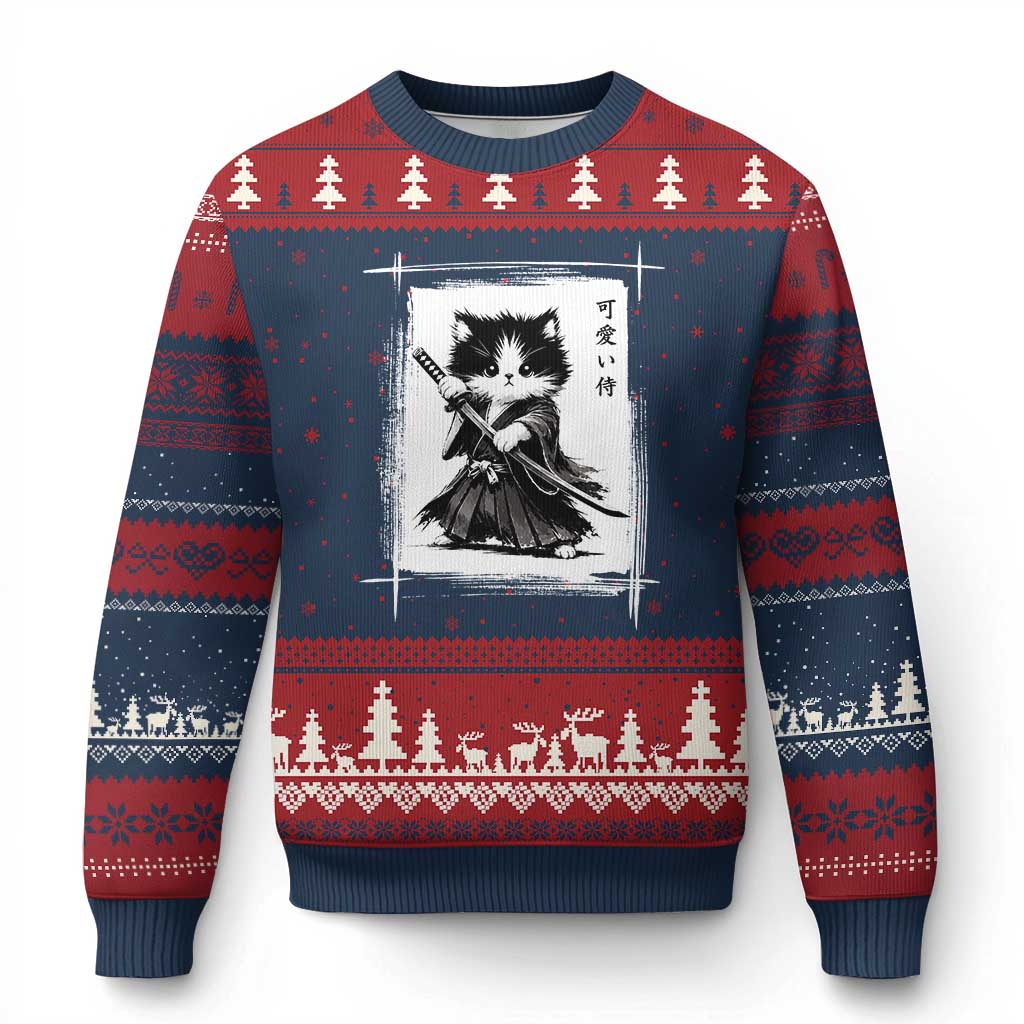 Vintage Japanese Art Samurai Cat Ugly Christmas Sweater Sumie Kawaii Cat Lover Gift TS12 Navy Red Print Your Wear