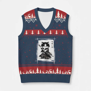 Vintage Japanese Art Samurai Cat V-Neck Knit Sweater Vest Sumie Kawaii Cat Lover Gift