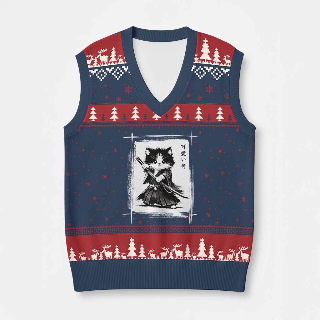 Vintage Japanese Art Samurai Cat V-Neck Knit Sweater Vest Sumie Kawaii Cat Lover Gift TS12 Navy Red Print Your Wear